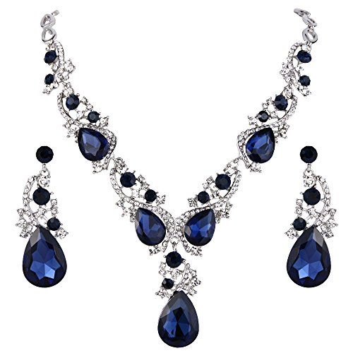 Product Cover BriLove Wedding Bridal Necklace Earrings Jewelry Set for Women Multi Teardrop Cluster Crystal Statement Necklace Dangle Earrings Set Navy Blue Sapphire Color Silver-Tone