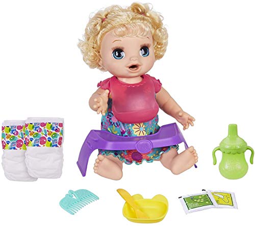 Product Cover Baby Alive Happy Hungry Baby Blond Curly Hair Doll, Makes 50+ Sounds & Phrases, Eats & Poops, Drinks & Wets, for Kids Age 3 & Up