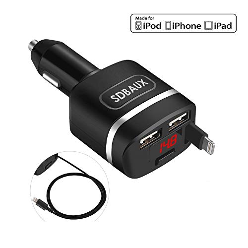 Product Cover SDBAUX Car Charge, with 2.8 ft Retractable Cable Compatible/Replacement for iPhone Xs Max XR X 8 7 6 Plus 5S, 2 USB Ports for Samsung Galaxy LG Google Pixel Nexus and More