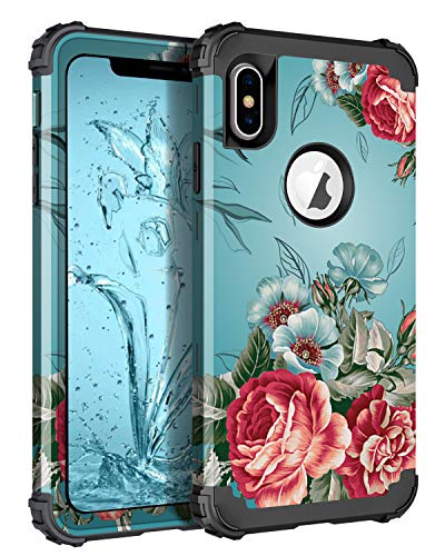 Product Cover LONTECT Compatible iPhone Xs Max Case Floral 3 in 1 Heavy Duty Hybrid Sturdy Armor High Impact Shockproof Protective Cover Case for Apple iPhone Xs Max 6.5 Display, Teal/Red Flower