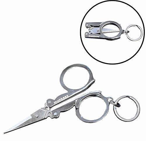 Product Cover Munkees Mini Folding Scissors Keychain, Stainless Steel Portable & Foldable Travel Cutter Pocket Key Ring, Small Key Chain Scissor Tool for Crafting, Emergency, Survival, Camping, Outdoors & More