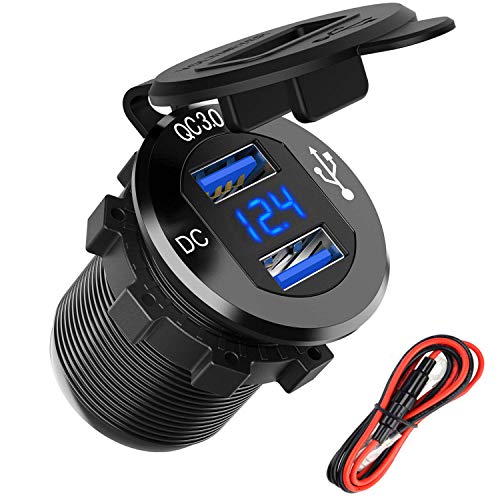Product Cover Quick Charge 3.0 Dual USB Charger Socket, SunnyTrip Waterproof Aluminum Power Outlet Fast Charge with LED Voltmeter & Wire Fuse DIY Kit for 12V/24V Car Boat Marine Motorcycle Truck Golf Cart and More