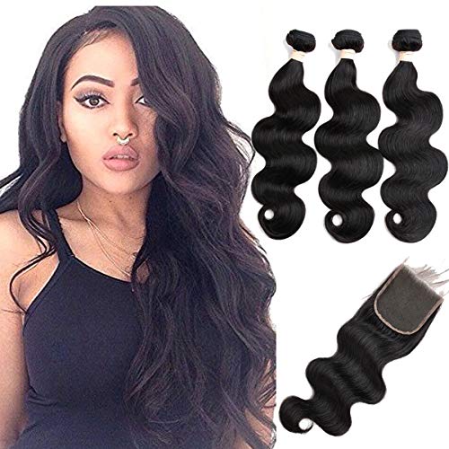 Product Cover Beauhair Brazilian Body Wave Virgin Hair 3 Bundles With Closure (20 22 24 with 18 Free Part Closure)100% Unprocessed Human Hair Bundles with Lace Closure Brazilian Body Wave Natural Black Hair