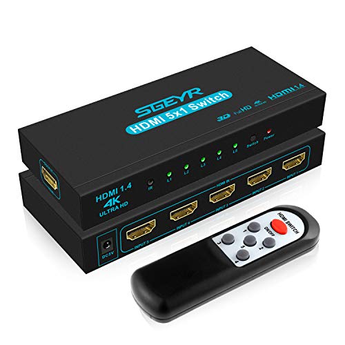 Product Cover HDMI Switch SGEYR 5x1 HDMI Switcher 5 in 1 Out HDMI Switch Selector 5 Port Box with IR Remote Control HDMI 1.4 HDCP 1.4 Support 4K@30Hz Ultra HD 3D 2160P 1080P