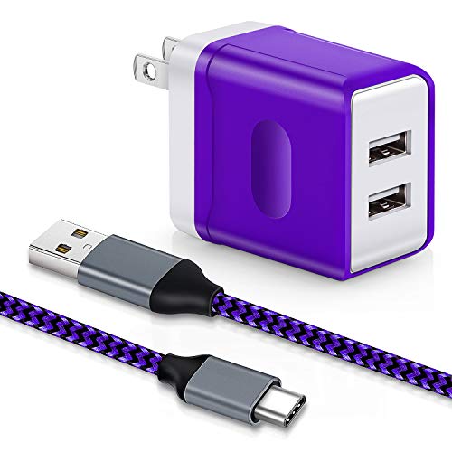 Product Cover Dual USB Wall Charger, Aupek USB Type C Cable [1 Pack, 10FT] Fast Power Brick Adapter Charging Plug Cube Braided Cable Cord Compatible Samsung Galaxy Note 9/8, S9 Plus, LG Google Pixel, Nexus-Purple