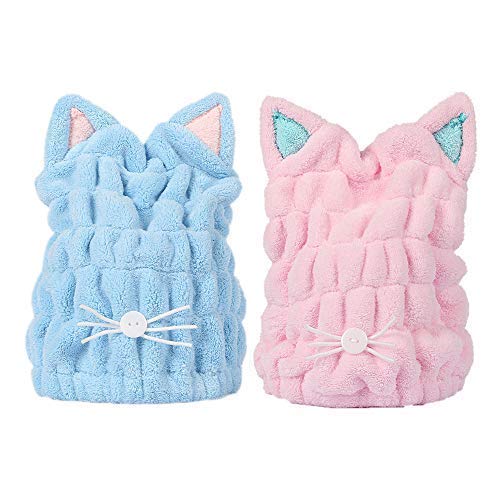Product Cover StyleZ 2Pcs Ultra Absorbent Hair Quick Drying Towel Microfiber Hair Dry Wrap Turban Cute Kitty Ears Cap Bath Tool Hat for Women Girl (BabyPink & Blue)
