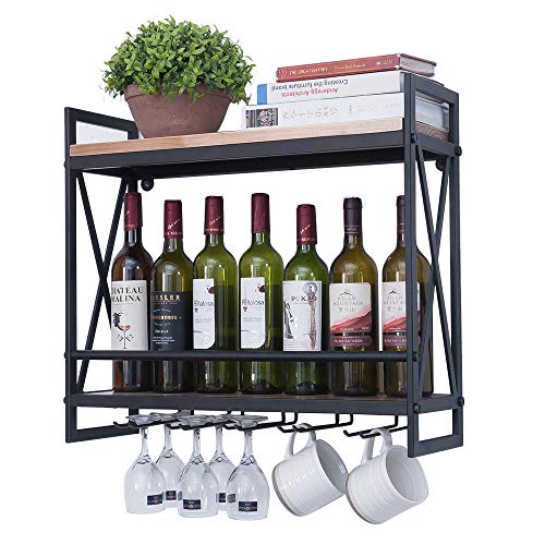 Product Cover Industrial Wine Racks Wall Mounted with 5 Stem Glass Holder,23.6in Rustic Metal Hanging Wine Holder Wine Accessories,2-Tiers Wall Mount Bottle Holder Glass Rack,Wood Shelves Wall Shelf Home Decor