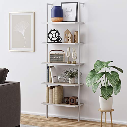 Product Cover Nathan James 65504 Theo 5-Shelf Wood Ladder Bookcase with Metal Frame, Gray Oak/White
