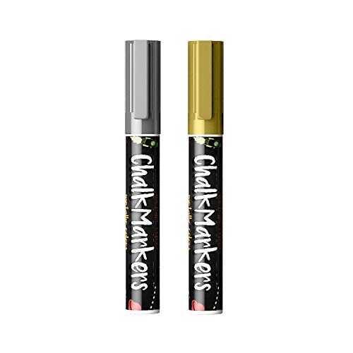 Product Cover Metallic Silver & Gold Chalk Markers - Pack of 2 Chalk Pens - for Chalkboard, Bistro, Window | Non-Toxic Wet Wipe Erasable - 6mm Reversible Bullet & Chisel Tip