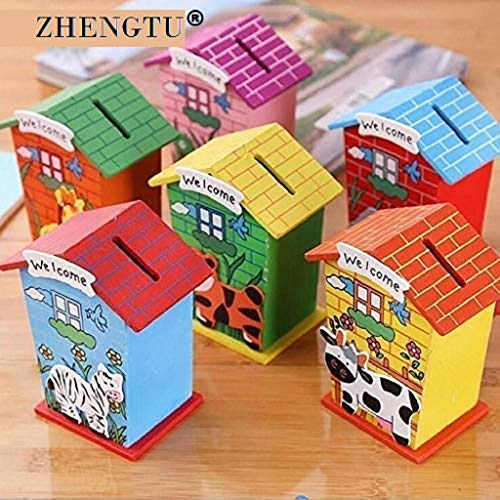 Product Cover ZHENGTU Piggy Bank for Kids Wood House Animal Designs, Multi Color Perfect Return Gift for Kids Birthday Party (Pack of 6)