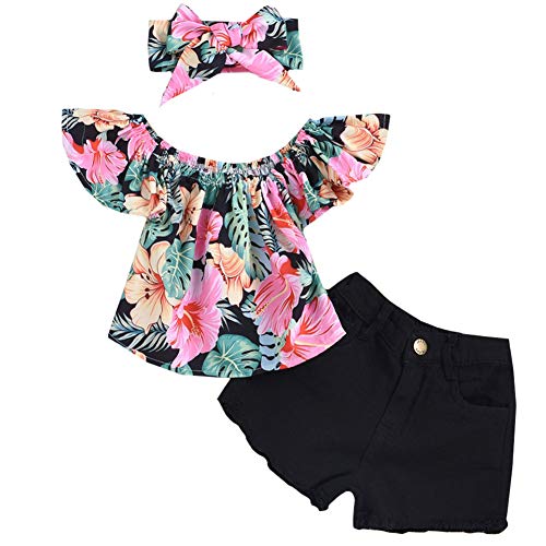 Product Cover 3Pcs Toddler Baby Girl Clothes Floral Ruffle Off Shoulder Tops and Jeans/Denim Pant with Headband Outfits