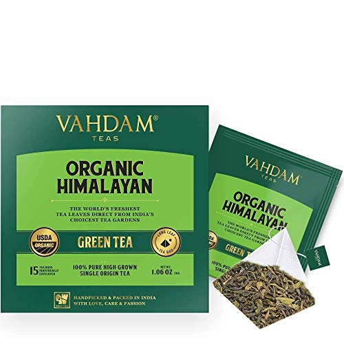 Product Cover Organic Green Tea from the Himalayas - 100 TEA BAGS - Natural Detox Tea, Weight Loss Tea, Slimming Tea | POWERFUL ANTI-OXIDANTS | Long Leaf Green Tea Bags | Brew Hot or Iced | 100 Count Per Box