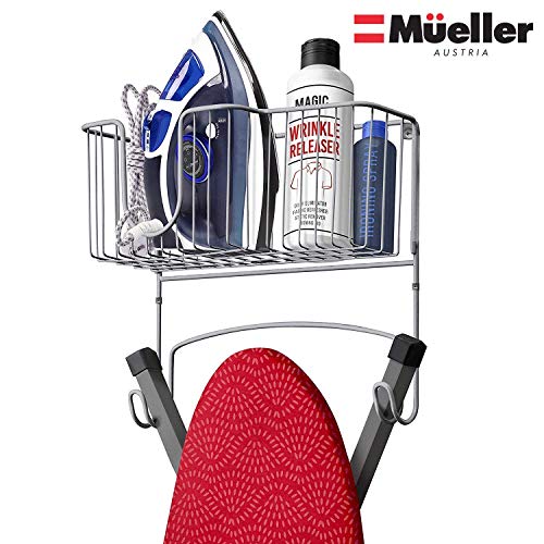 Product Cover Mueller Ironing Board Hanger Wall Mount with Large Storage Basket and Hooks. Organizer for Laundry Rooms, Heat - Resistant, Holds Iron, Ironing Board and Spray Bottles