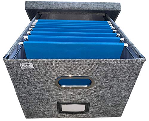Product Cover Collapsible File Box Storage Organizer with lid - Decorative Linen Hanging File Box with Handles - Letter/Legal Office File Storage Box - Metal brackets for Easier Document Storage - Gray