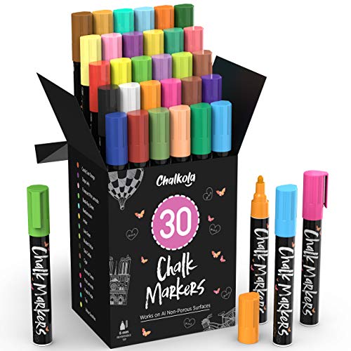 Product Cover Liquid Chalk Markers - Pack of 30 (Neon + Classic) Chalk Pens - For Chalkboard, Blackboard, Window, Labels, Bistro, Glass - Wet Wipe Erasable - 6mm Reversible bullet & chisel Tip