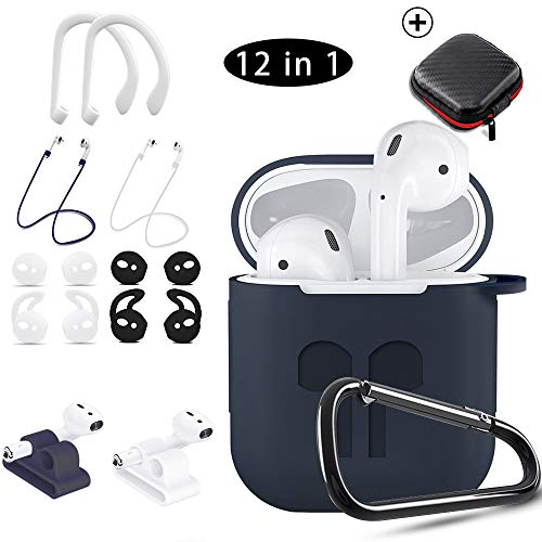 Product Cover Airpods Case Blue,HOOXIN Airpods Accessories Set,12 in 1 Protective Silicone Cover and Skin for Apple Airpods Charging Case with Airpods Ear Hook Grips/Airpods Staps/Airpods Clips/Skin/Tips/Grips