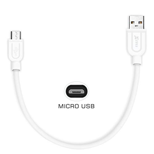 Product Cover FASTXTM Data Cables Fast Charging, FXbasics Power Bank Cable for Micro USB Android Smartphones, Short Small Mini Round Cable, Charge & sync 2.8A (White) Pack of 1,2 (Pack of 1, 1 White Cable)