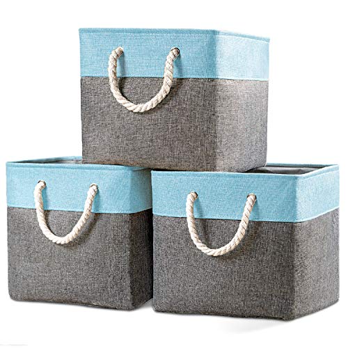 Product Cover Prandom Large Foldable Cube Storage Baskets Bins 13x13 inch [3-Pack] Fabric Linen Collapsible Storage Bins Cubes Drawer with Cotton Handles Organizer for Shelf Toy Nursery Closet Bedroom(Gray/Blue)...