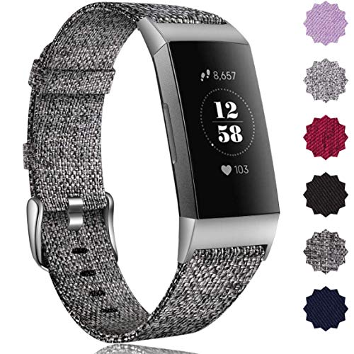 Product Cover Maledan Bands Compatible with Fitbit Charge 3/Charge 3 SE Fitness Activity Tracker for Women Men, Breathable Woven Fabric Replacement Accessory Strap, A Charcoal, Large Size