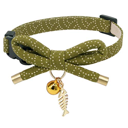 Product Cover PetSoKoo Bowtie Cat Collar with Bell. Stylish Bowknot with Fish Bone Pendant. Safety Breakaway, Light Weight, Soft, Durable. (Small (6-9.5 Inches,16-24cm), Grass Green)
