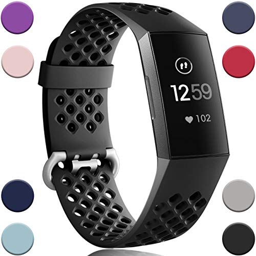 Product Cover Wepro Bands Replacement Compatible with Fitbit Charge 3 for Women Men Small, Waterproof Breathable Holes Watch Sport Strap Accessories for Fitbit Charge 3 SE Fitness Tracker, Black