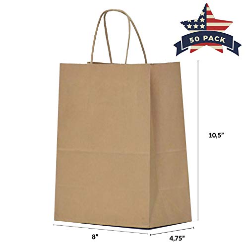 Product Cover Brown Paper Gift Bags with Handles - 50 Pcs 8x4.75x10.5 Paper Bags, Kraft Paper Gift Bags Bulk, Retail Bags, Kraft Bags, Craft, Shopping Bags, Party Bags, Brown Paper Bags Bulk