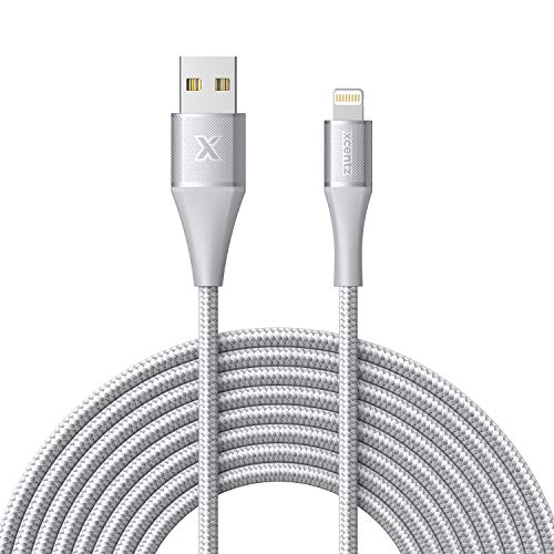 Product Cover Xcentz iPhone Charger 10ft, Apple MFi Certified Lightning Cable, Braided Nylon High-Speed iPhone Cable with Premium Metal Connector for iPhone X/XS/XR/XS Max/8/7/6/5S/SE, iPad Mini/Air, Silver