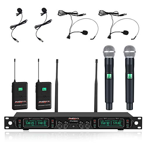 Product Cover Wireless Microphone System, Phenyx Pro 4-Channel UHF Cordless Mic Set with Handheld/Lapel/Headset/Bodypack, Rugged Metal Build, Fixed Frequency, Long Range, Ideal for Church,Karaoke,Events(PTU-5000B)