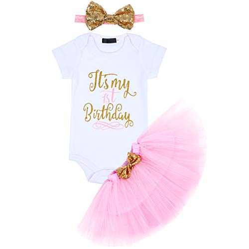 Product Cover It's My 1/2 / 1st / 2nd Birthday Outfit Baby Girls Romper + Ruffle Tulle Skirt + Sequins Bow Headband Cake Smash Party Dress Easter Valentine's Day Photo Shoot Costume 3Pcs Clothes Set Pink 1 Year