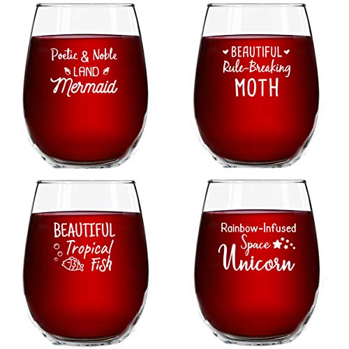 Product Cover Galentine's Day Stemless Wine Glasses (Set of 4) Inspired by Parks and Rec's Leslie Knope | Funny Novelty Glassware for Party, Event, Valentine's Fun | 4 Hilarious Quotes | Galentine Party Supplies