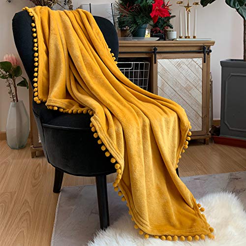 Product Cover LOMAO Flannel Blanket with Pompom Fringe Lightweight Cozy Bed Blanket Soft Throw Blanket fit Couch Sofa Suitable for All Season (51x63) (Mustard Yellow)