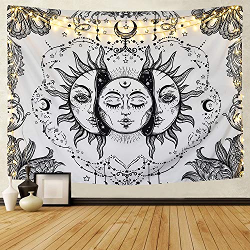 Product Cover Sevenstars Sun and Moon Tapestry Black and White Tapestry Psychedelic Fractal Faces Tapestry Wall Hanging, Durable Easy to Hanging Machine Washable (White, 51.2 x 59.1 inches)