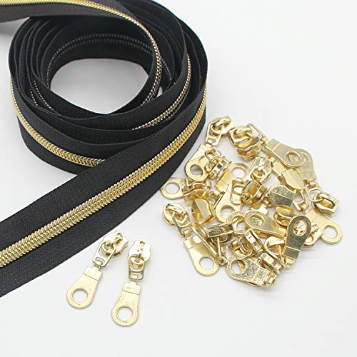 Product Cover #5 Gold Metallic Nylon Coil Zippers by The Yard Bulk 10 Yards Black Tape with 25pcs Gold Sliders for DIY Sewing Tailor Craft Bag Leekayer(Black)