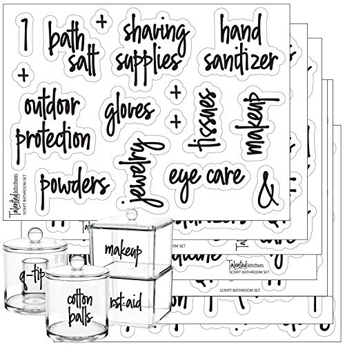 Product Cover Talented Kitchen Script Bathroom Organization Labels - 105 Bathroom, Beauty & Makeup Preprinted Stickers. Clear, Water Resistant, Canister Labels. Jar Decals Bath Storage (Set of 105- Script Bathroom)