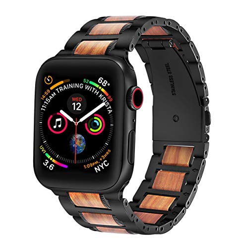 Product Cover DMMG Compatible with Apple Watch Band 42mm 44mm, Wood Metal Natural Genuine Purple Sandalwood with Stainless Steel Metal Clasp Replacement iwatch Band Compatible Apple Watch Series4 3 2 1(Black)