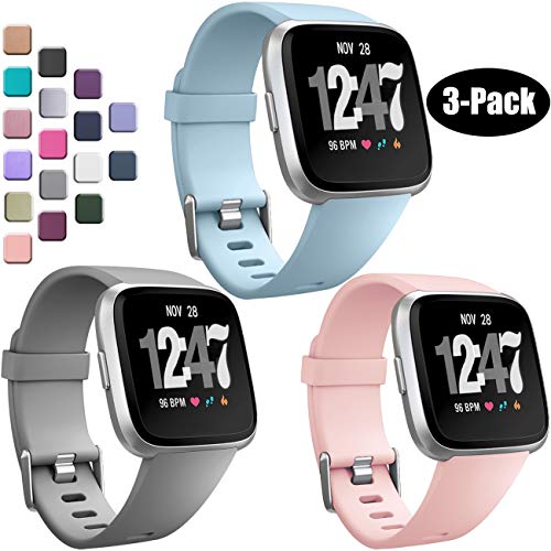 Product Cover Wepro Bands Compatible with Fitbit Versa/Fitbit Versa 2/Fitbit Versa Lite SE SmartWatch for Women Men, Sports Replacement Wristband Strap for Fitbit Versa Watch, Small, 3 Pack, Gray, Pink Sand, Aqua