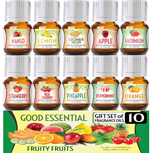 Product Cover Fruity Fruits Good Essential Fragrance Oil Set (PACK OF 10) 5ml Set Includes Strawberry, Apple, Watermelon, Pineapple, Cucumber Melon, Red Cherry, Mango, Peppermint, Lemon, and Orange