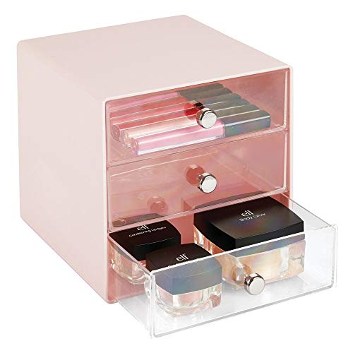 Product Cover mDesign Plastic Makeup Organizer Storage Station Cube, 3 Drawers for Bathroom Vanity, Cabinet, Countertops - Holds Lip Gloss, Eyeshadow Palettes, Brushes, Blush, Mascara - Light Pink/Clear