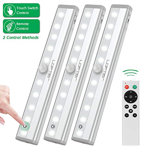 Product Cover Remote Control Cabinet Light, Dimmable 10-LED Wireless Under Counter Lighting, Battery Operated Closet Light, Stick-on Touch Sensor Night Light, 2 Control Methods (Remote/Touch Control)-(3 Pack)