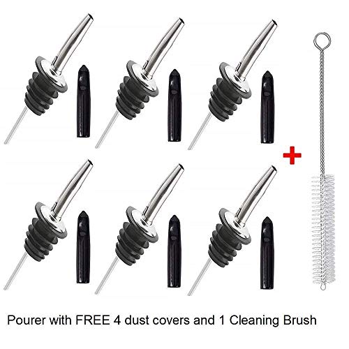 Product Cover NJ Stainless Steel Pourer, Tapered Spout for Spirits, Syrup and Olive Oil Bottles use in Bar,Hotel,Pub,Kitchen use - 6 Pcs Set with Free Dust Caps and Cleaning Brush