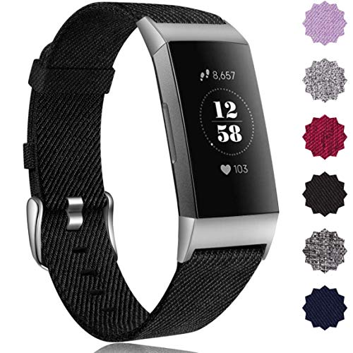 Product Cover Maledan Compatible with Fitbit Charge 3 Bands for Women Men, Breathable Woven Fabric Replacement Accessory Strap Compatible with Fitbit Charge 3 and Charge 3 SE Fitness Activity Tracker, Large, Black