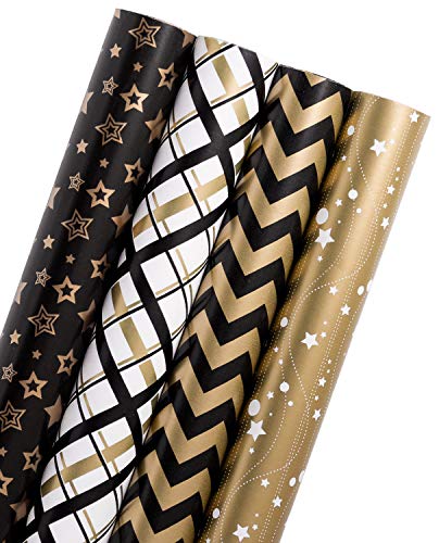 Product Cover WRAPAHOLIC Gift Wrapping Paper Roll - Black Gold Design for Birthday, Holiday, Baby Shower Gift Wrap - 4 Rolls - 30 inch X 120 inch Per Roll