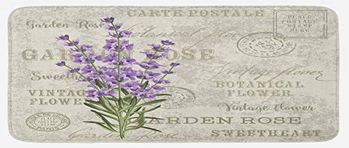 Product Cover Lunarable Lavender Kitchen Mat, Vintage Postcard Composition with Grunge Display and Flowers, Plush Decorative Kithcen Mat with Non Slip Backing, 47