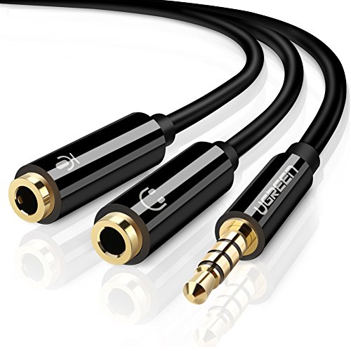 Product Cover UGREEN Headset Splitter Headphone Mic Y Adapter Cable, 3.5mm Audio Male to Separate Stereo Aux Female Jack & Microphone Female Jack Compatible for PS4, Xbox, Laptop, Phone, PC Gaming Headset (Black)