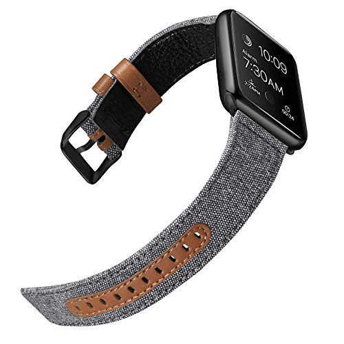 Product Cover iHillon Bands Compatible with Apple Watch 42mm/44mm Series 5 Series 4 Straps, Classic Canvas Fabric Genuine Leather Wristbands Black Buckle Compatible with iWatch Series 3/2/1, Women Men, Grey