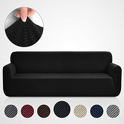 Product Cover Rose Home Fashion RHF Jacquard-Stretch Sofa Cover, Slipcover for Leather Couch-Polyester Spandex Sofa Slipcover&Couch Cover for Dogs, 1-Piece Sofa Protector(Extra-Wide Sofa: Black)