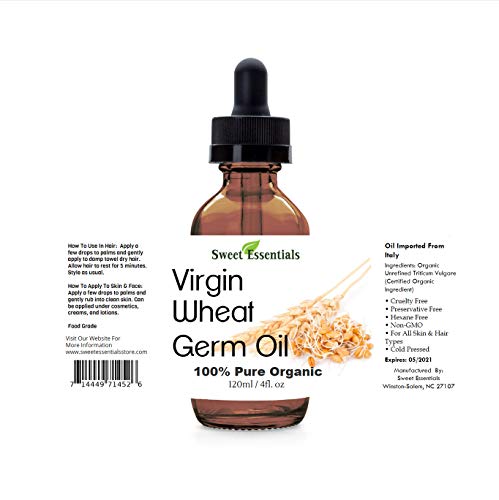 Product Cover 100% Organic Unrefined Wheat Germ Oil | Imported From Italy | 4oz Glass Bottle | 100% Pure - Virgin | Cold-Pressed | Natural Moisturizer for Skin, Hair and Face | Stretch Mark Relief - NON GMO