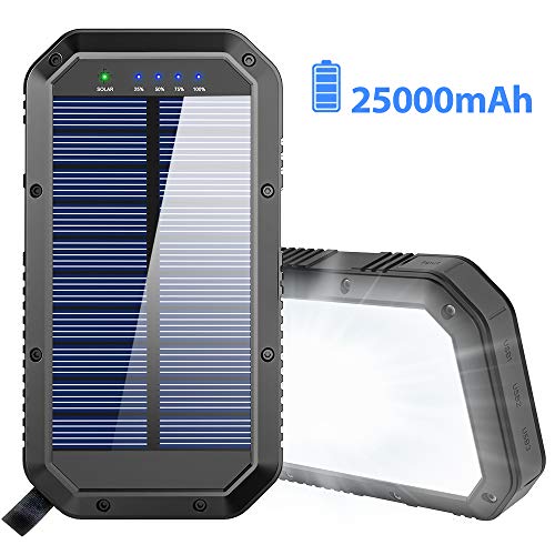 Product Cover Solar Charger, 25000mAh Battery Solar Power Bank Portable Panel Charger with 36 LEDs and 3 USB Output Ports External Backup Battery for Camping Outdoor for iOS Android (Black)