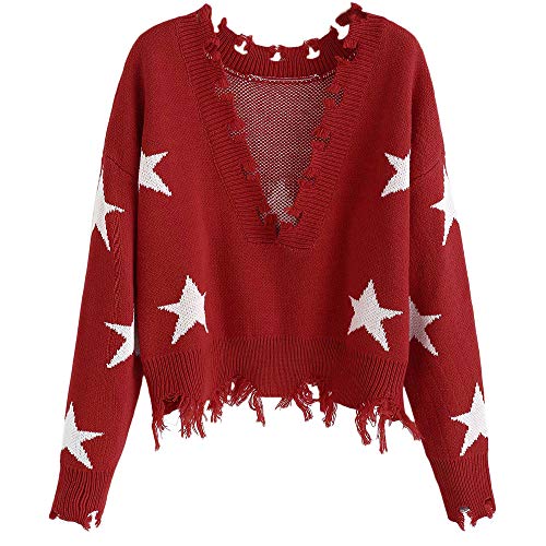 Product Cover ZAFUL Women's Star Graphic V-Neck Ripped Knit Sweater Frayed Cropped Pullover