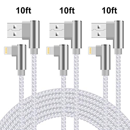 Product Cover 90 Degree iPhone Charger 10ft Lightning Cable 10ft Right Angle iPhone Charger Cable Fast Charging iPhone Cable 10ft 3 Pack Nylon Braided Charger Cord Compatible iPhone/iPad/iPod (Silver White,10ft)